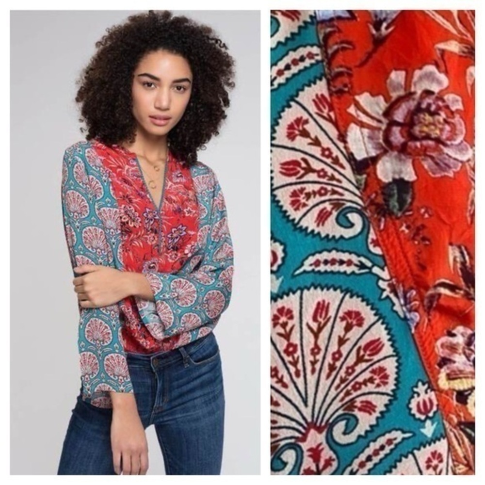 Soft Surroundings Red Blue Floral Print Embroidered Pom Pom Trim Tunic Top Small